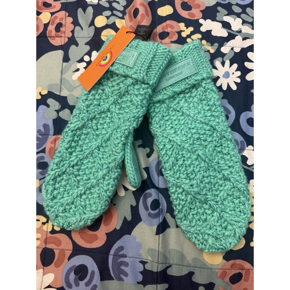 kurt geiger london green metallic cable knit mittens